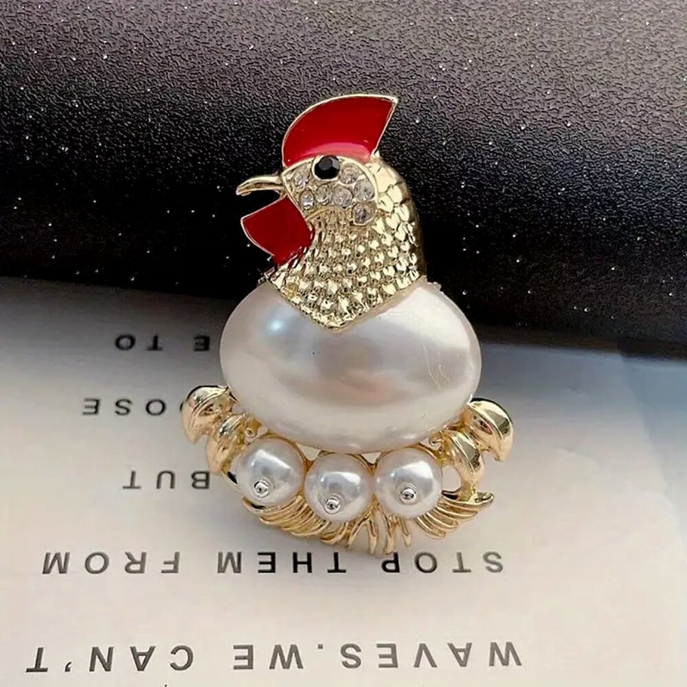 Vintage Pearl Egg Goldtone with Sparkling Rhinestones • Chicken Brooch